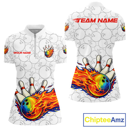Colorful rainbow flame Bowling Polo, 1/4 zip Shirt For Women Custom white camo Bowling Team jerseys NQS11319