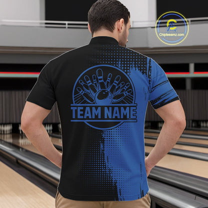 Black and Blue Bowling Polo, Quarter Zip Shirt For Men Custom Team Bowling jerseys NQS11320