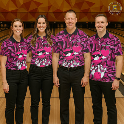 Funny Bowling heart pink graffiti pattern Valentine Mens Bowling Shirts Custom Couple Bowling Outfits NQS11322