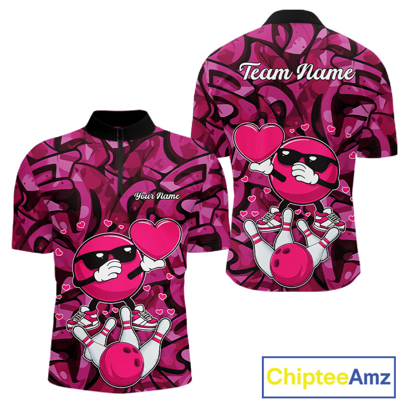 Funny Bowling heart pink graffiti pattern Valentine Mens Bowling Shirts Custom Couple Bowling Outfits NQS11322