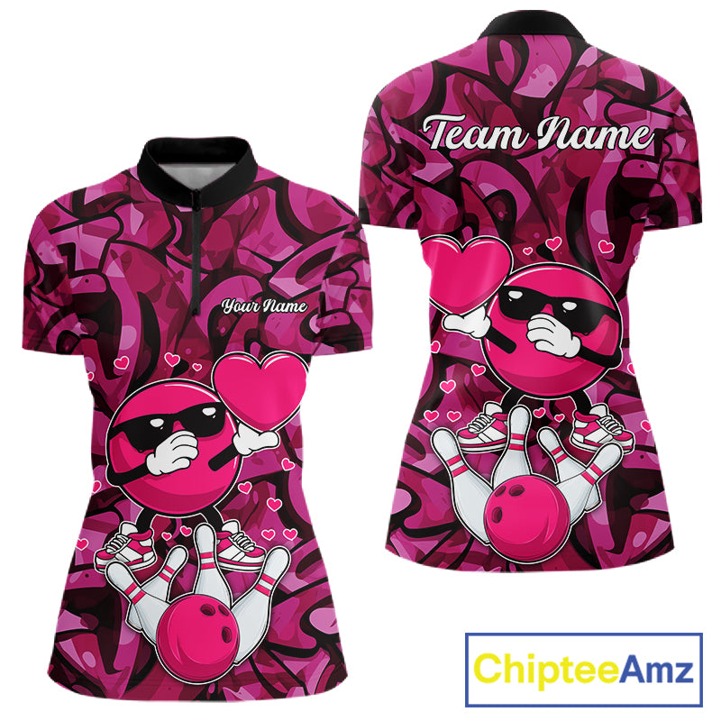 Funny Bowling heart pink graffiti pattern Custom Valentine matching bowling shirts for couples NQS11322