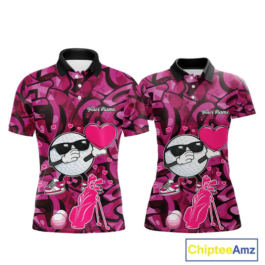 Funny Golf ball heart pink graffiti pattern Custom Valentine matching golf polo shirts for couples NQS11323