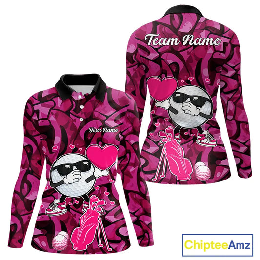 Funny Golf ball heart pink graffiti pattern Valentine Golf polo shirt for Women Custom Couple Outfits NQS11323