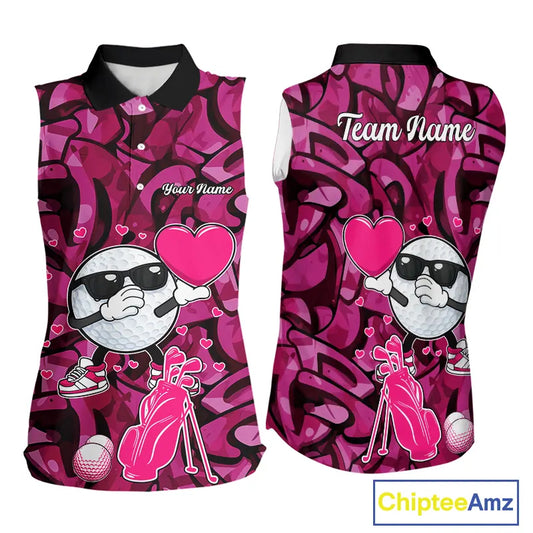 Funny Golf ball heart pink graffiti pattern Valentine Sleeveless polo shirt Custom Couple Outfits NQS11323