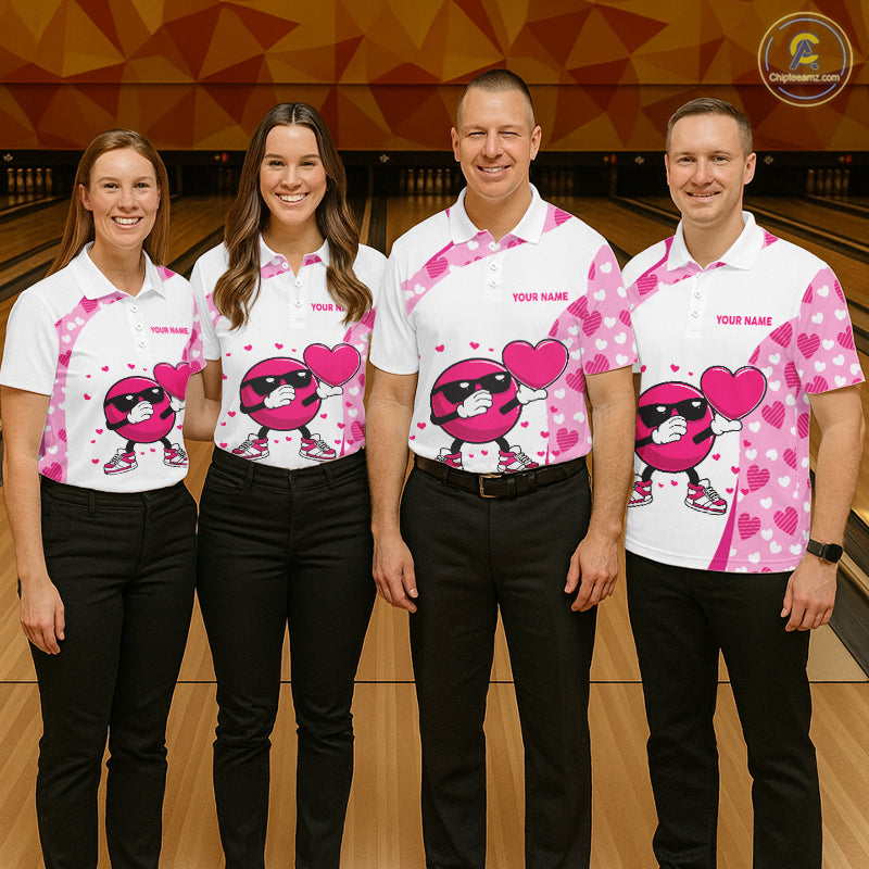 Personalized funny bowling ball pink heart pattern white Mens bowling shirts, Valentine bowling gifts NQS11325
