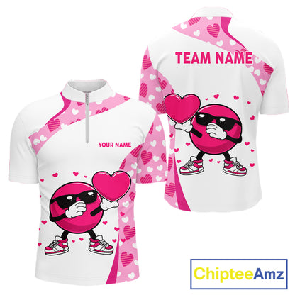 Custom funny bowling ball pink heart pattern matching bowling shirts for couples, Valentine gifts NQS11325