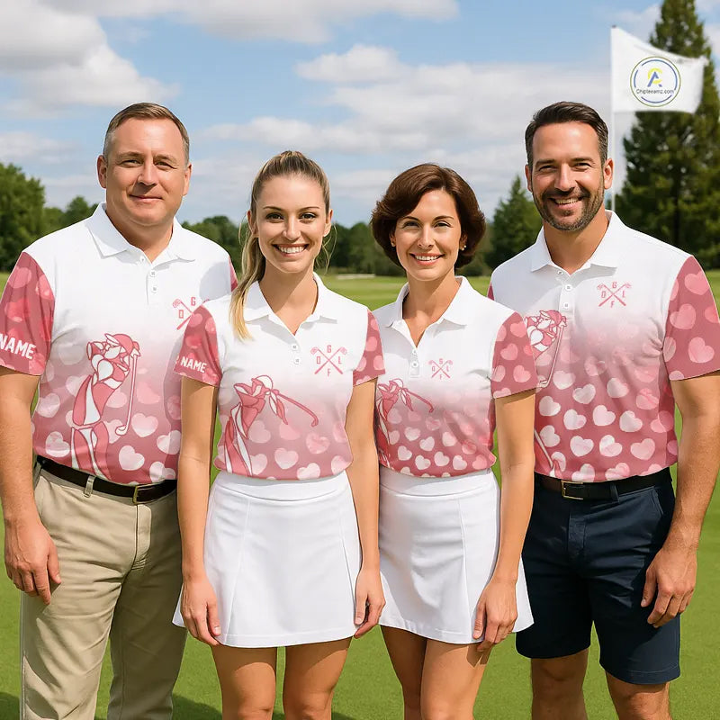 Personalized pink heart pattern white matching golf polo shirts for couples, Valentine golf gifts NQS11326