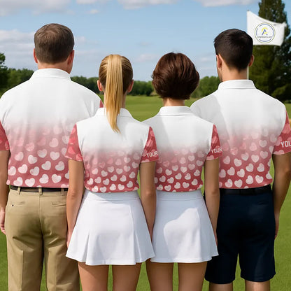 Personalized pink heart pattern white matching golf polo shirts for couples, Valentine golf gifts NQS11326