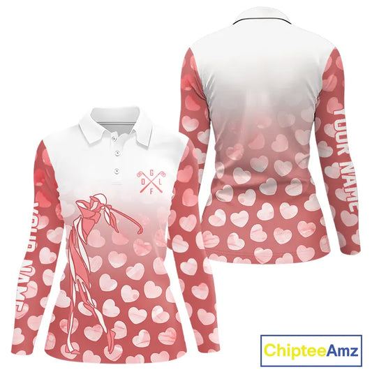 Personalized pink heart pattern white Womens golf polo shirts, custom Valentine golf gifts for her NQS11326