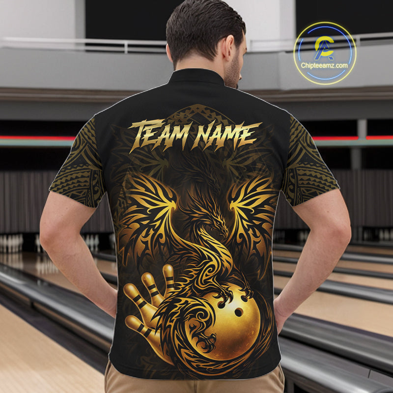 Custom Black And Gold tribal Dragon Bowling Shirts For Men, Dragon Bowling Team Shirts Uniform NQS11534