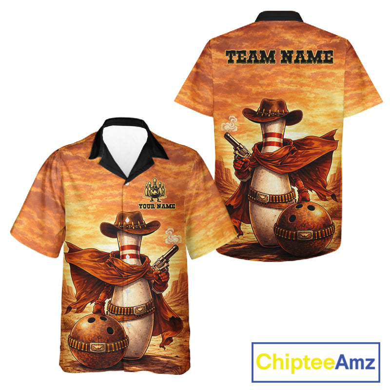 Custom Funny Desert Bowling Cowboy gun bowling team button up shirts, Bowling Hawaiian jerseys NQS11536