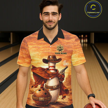Custom Funny Desert Bowling Cowboy gun bowling team button up shirts, Bowling Hawaiian jerseys NQS11536