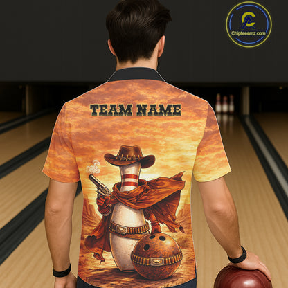 Custom Funny Desert Bowling Cowboy gun bowling team button up shirts, Bowling Hawaiian jerseys NQS11536