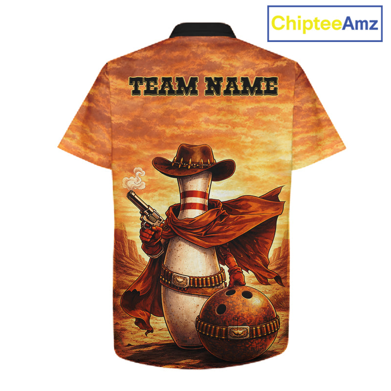 Custom Funny Desert Bowling Cowboy gun bowling team button up shirts, Bowling Hawaiian jerseys NQS11536