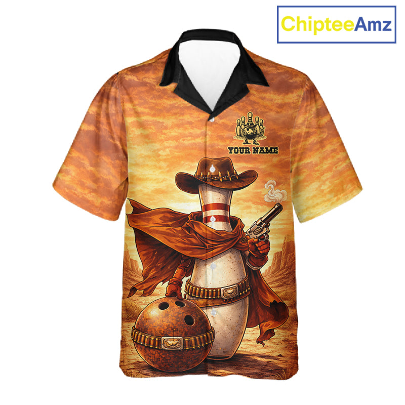 Custom Funny Desert Bowling Cowboy gun bowling team button up shirts, Bowling Hawaiian jerseys NQS11536