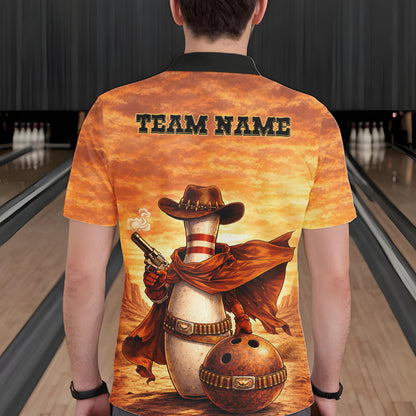 Custom Funny Desert Bowling Cowboy gun bowling team shirts For Men, Bowling Polo, 1/4 zip jerseys NQS11536