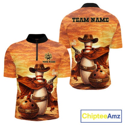 Custom Funny Desert Bowling Cowboy gun bowling team shirts For Men, Bowling Polo, 1/4 zip jerseys NQS11536