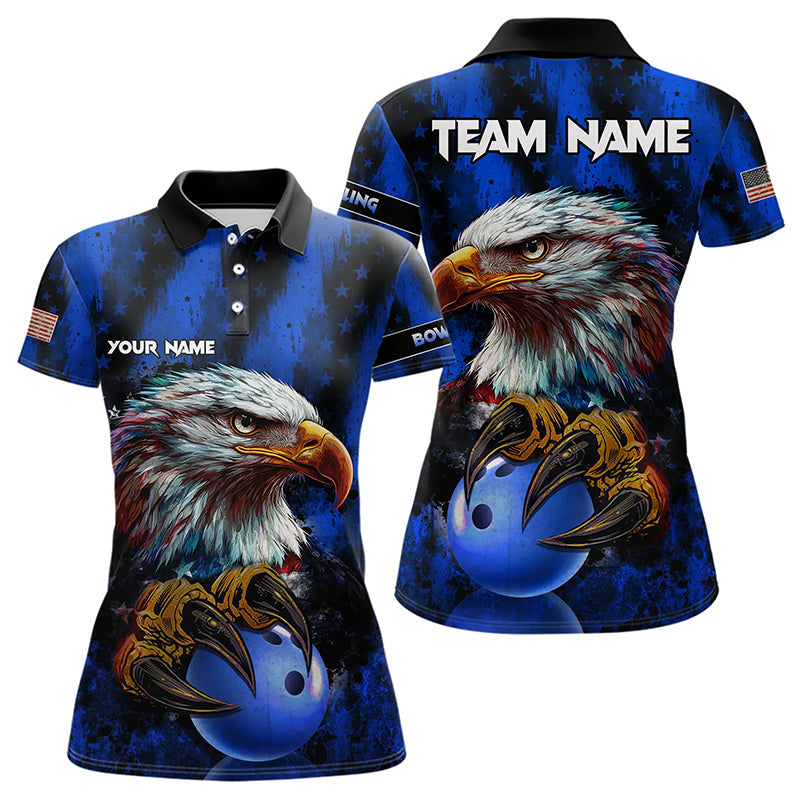 American Flag Eagle Women Bowling Polo, 1/4 Zip Shirt Custom Name Patriotic Bowling Team Jersey | Blue NQS9755