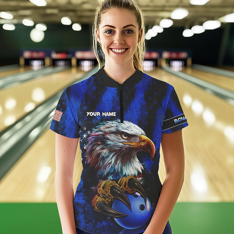 American Flag Eagle Women Bowling Polo, 1/4 Zip Shirt Custom Name Patriotic Bowling Team Jersey | Blue NQS9755
