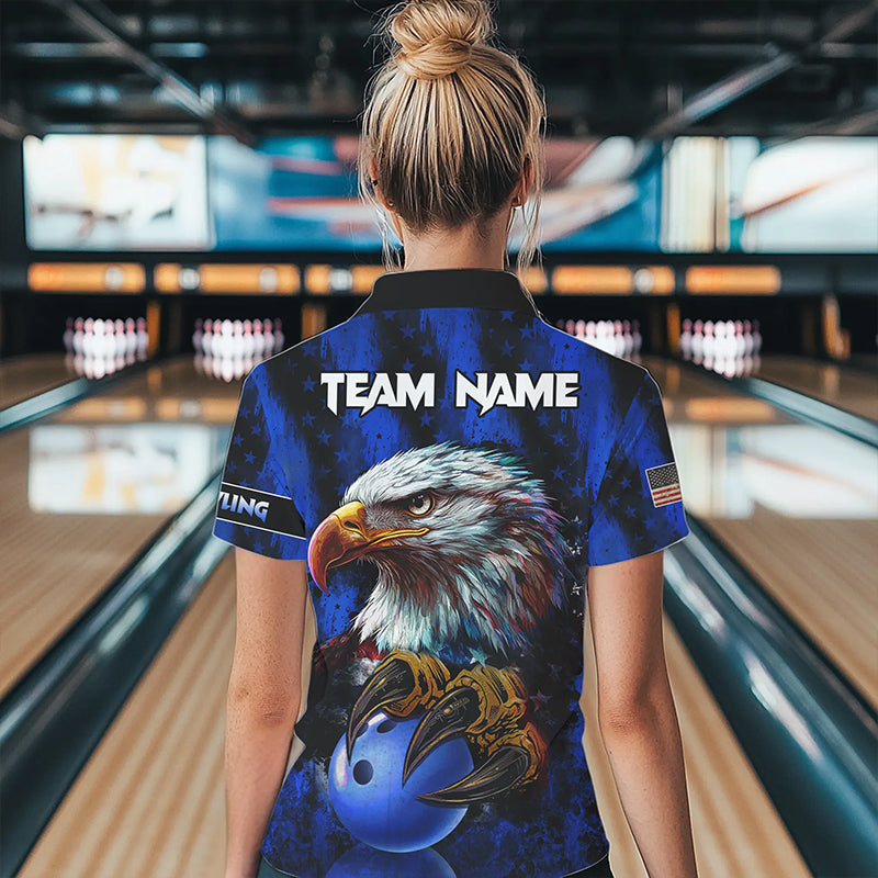 American Flag Eagle Women Bowling Polo, 1/4 Zip Shirt Custom Name Patriotic Bowling Team Jersey | Blue NQS9755
