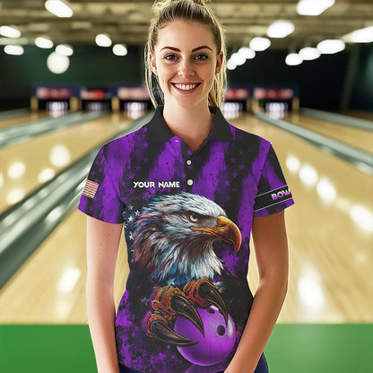 American Flag Eagle Women Bowling Polo, 1/4 Zip Shirt Custom Patriotic Bowling Team Jersey | Purple NQS9756