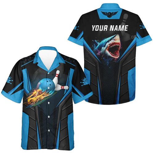 Personalized 3D bowling hawaiian shirts Custom shark team blue bowling ball Team button up shirts NQS5336