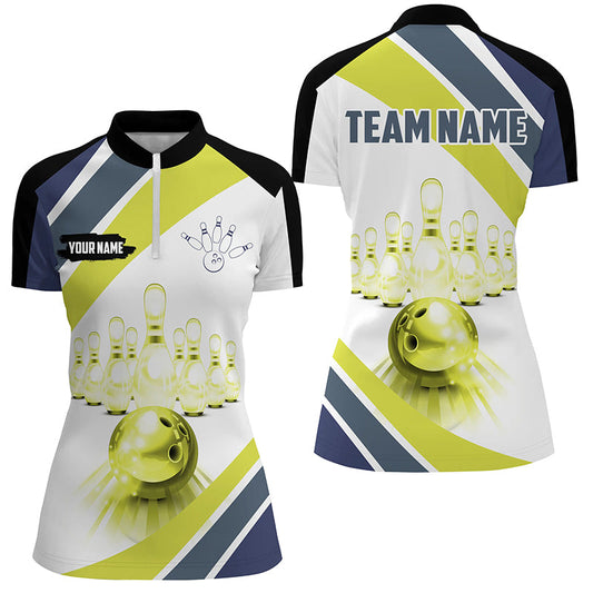 Lime green Light Bowling Quarter Zip Shirt for Women Custom Bowling ball and pins Team League Jerseys NQS7534