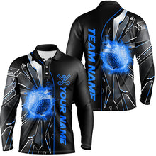 Load image into Gallery viewer, Black and Blue fire golf ball broken glass custom Mens golf polo shirts, golf gifts for men NQS7676