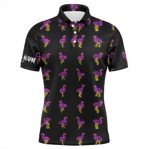 Black Mens golf polo shirt pink neon flamingos pattern custom flamingo golf polo shirts for team NQS7911