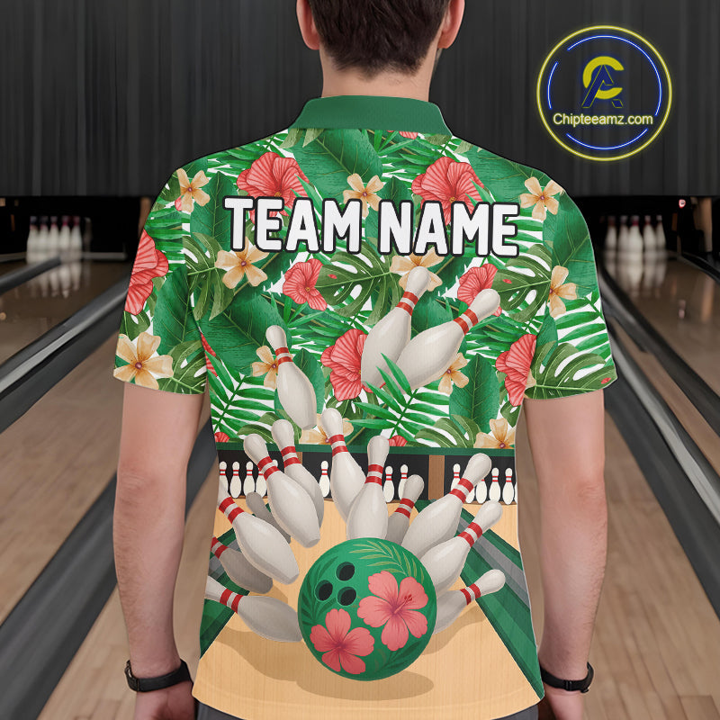 Green tropical flower Bowling Polo, Quarter Zip Shirts For Men Custom bowling team jersey NQS10945