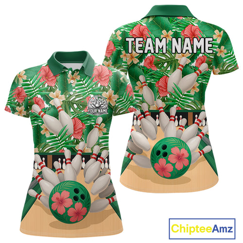 Green tropical flower Bowling Polo, Quarter Zip Shirts For Women Custom bowling team jersey NQS10945
