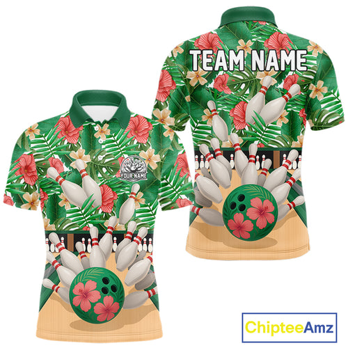 Green tropical flower Bowling Polo, Quarter Zip Shirts For Men Custom bowling team jersey NQS10945