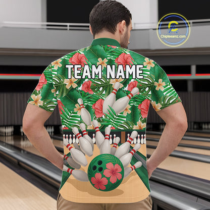 Green tropical flower Bowling Polo, Quarter Zip Shirts For Men Custom bowling team jersey NQS10945