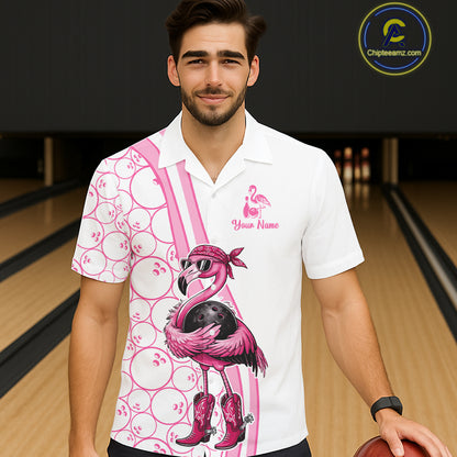 Funny Cute Pink Flamingo Custom White & Pink Bowling Hawaiian Shirts, Flamingo Bowling Team Outfits NQS11544
