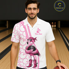 Load image into Gallery viewer, Funny Cute Pink Flamingo Custom White &amp; Pink Bowling Hawaiian Shirts, Flamingo Bowling Team Outfits NQS11544
