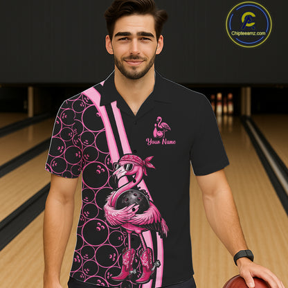 Funny Cute Pink Flamingo Custom Black & Pink Bowling Hawaiian Shirts, Flamingo Bowling Team Outfits NQS11545