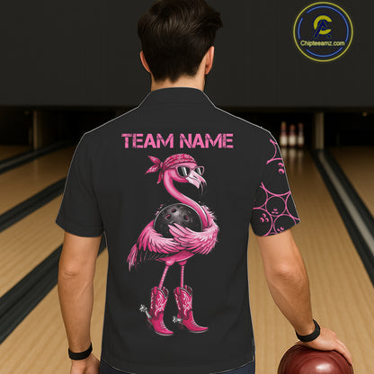 Funny Cute Pink Flamingo Custom Black & Pink Bowling Hawaiian Shirts, Flamingo Bowling Team Outfits NQS11545