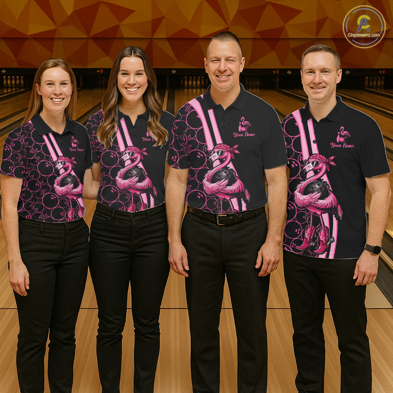 Funny Cute Pink Flamingo Custom Black & Pink Bowling Shirts For Ladies, Flamingo Bowling Team Outfits NQS11545