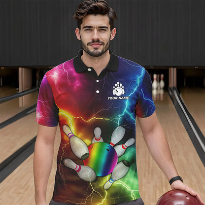 Mens Bowling shirts Custom Colorful Rainbow Lightning Thunder Bowling ball and pins Team bowler Jersey NQS9767