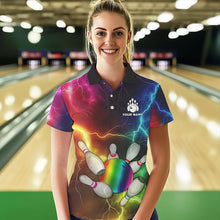 Load image into Gallery viewer, Women Bowling shirt Custom Colorful Rainbow Lightning Thunder Bowling ball and pins Team bowler Jersey NQS9767
