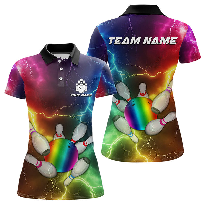 Women Bowling shirt Custom Colorful Rainbow Lightning Thunder Bowling ball and pins Team bowler Jersey NQS9767