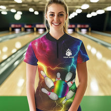 Load image into Gallery viewer, Women Bowling shirt Custom Colorful Rainbow Lightning Thunder Bowling ball and pins Team bowler Jersey NQS9767