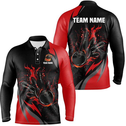 Custom Black And Red Flame Bowling Shirts For Men, Bowling Ball and Pins Team Bowling League Jerseys NQS8346