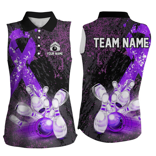 Personalized Purple Ribbons Grunge Bowling Sleeveless Polo Shirts, Custom breast cancer bowling shirts NQS8353