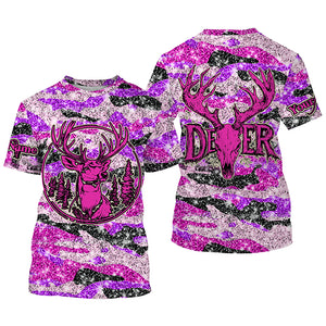 Pink glitter camo hunting Customize Name 3D All Over Printed Shirts, Deer hunting shirts for women NQS1051