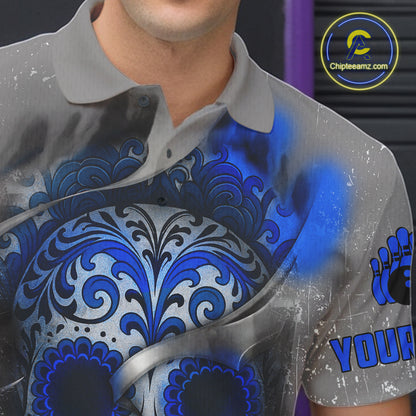 Blue Sugar Skull Tattoo Custom Mens Bowling Polo, Quarter Zip Shirts,Team Bowling Jerseys NQS10947