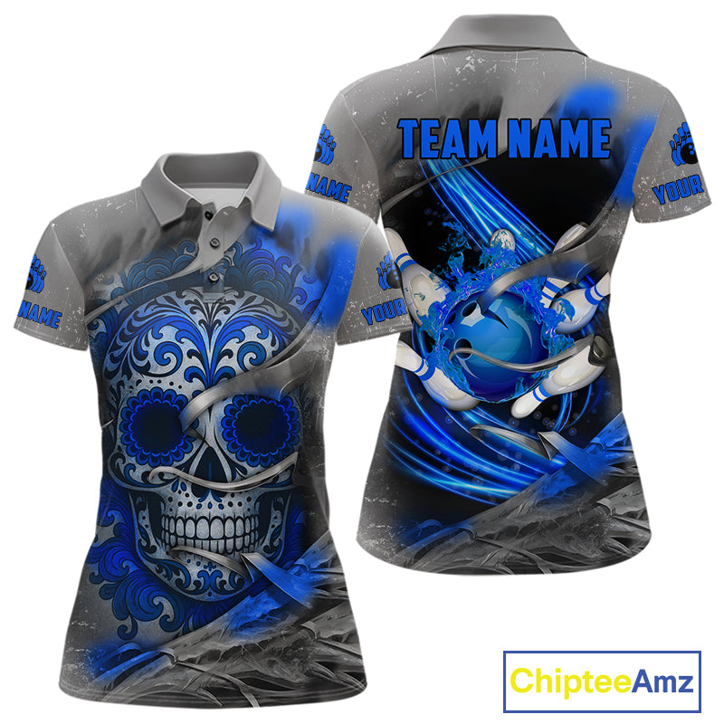 Blue Sugar Skull Tattoo Custom Women Bowling Polo, Quarter Zip Shirts,Team Bowling Jerseys NQS10947