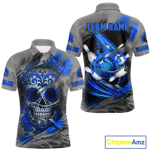 Blue Sugar Skull Tattoo Custom Mens Bowling Polo, Quarter Zip Shirts,Team Bowling Jerseys NQS10947