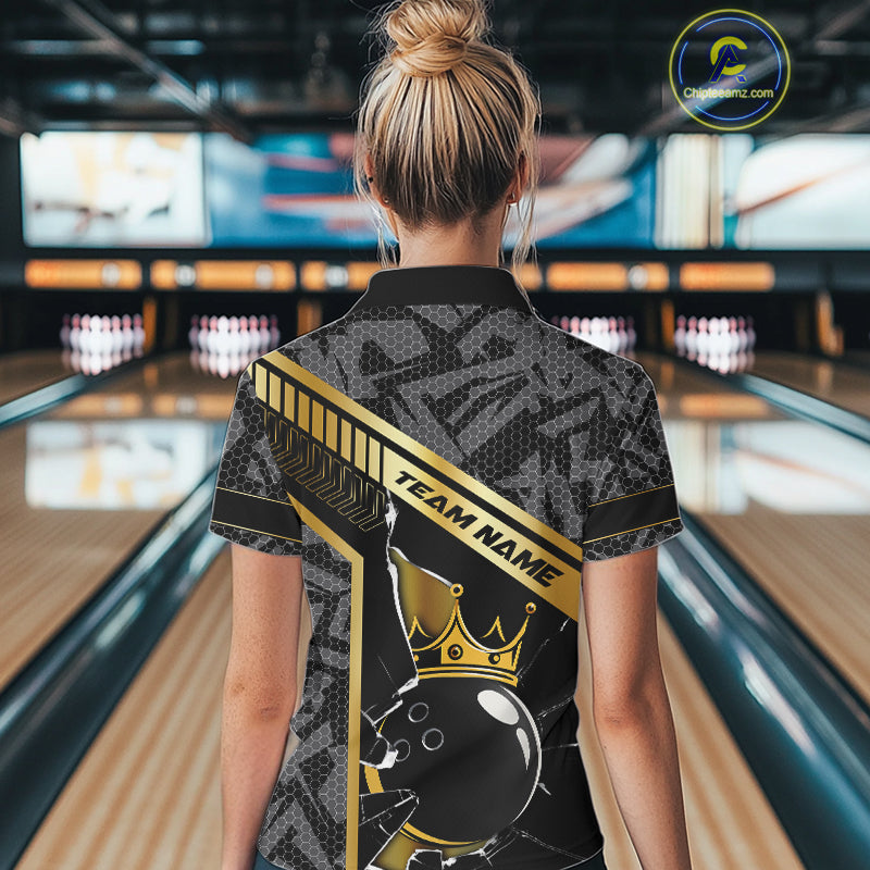 Black Camo and Gold Broken Crown Bowling Ball Bowling Shirts For Women Custom Bowling Team Jerseys NQS11139