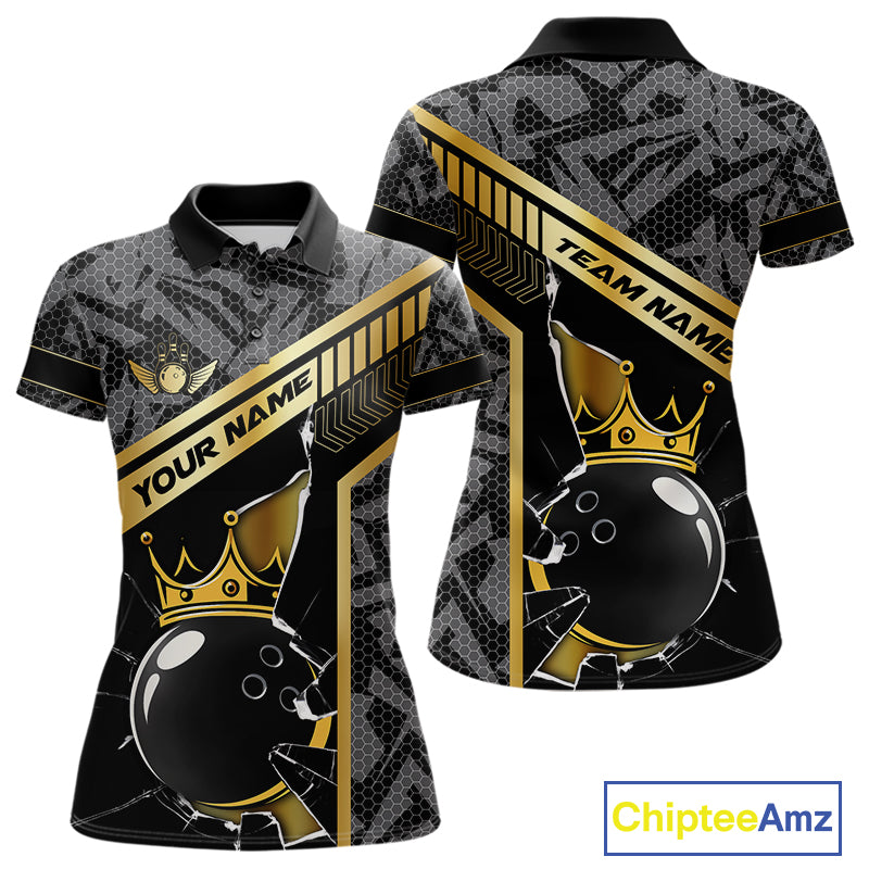 Black Camo and Gold Broken Crown Bowling Ball Bowling Shirts For Women Custom Bowling Team Jerseys NQS11139